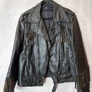 Vintage Classic Action Leather Fringe Moto Jacket Taurus Canada Black Size 44